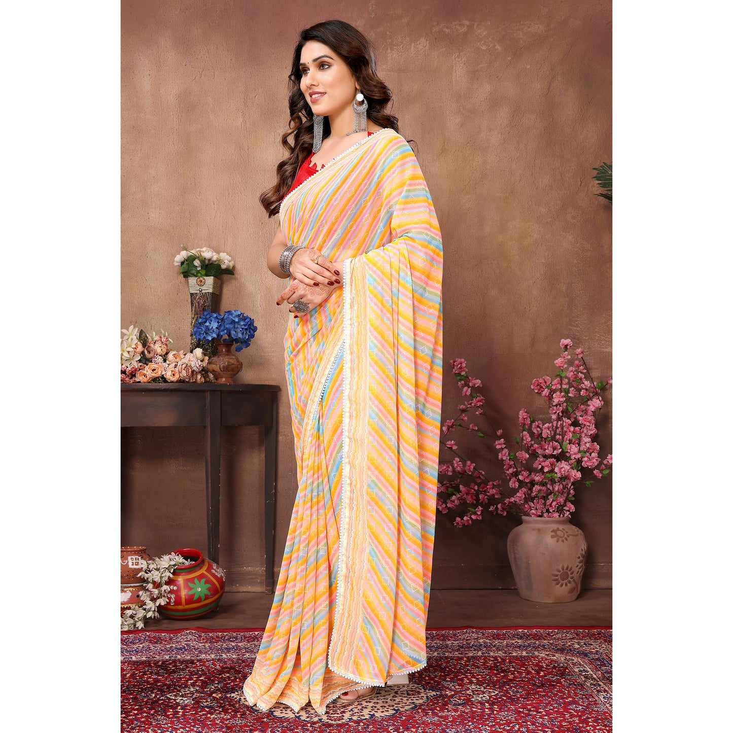 Yellow Printed Striped Printed Ready To Wear Georgette Saree