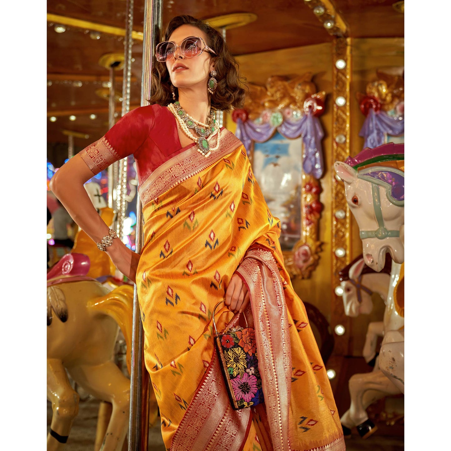 Mustard Ikkat Handwoven Art Silk Saree With Tassels