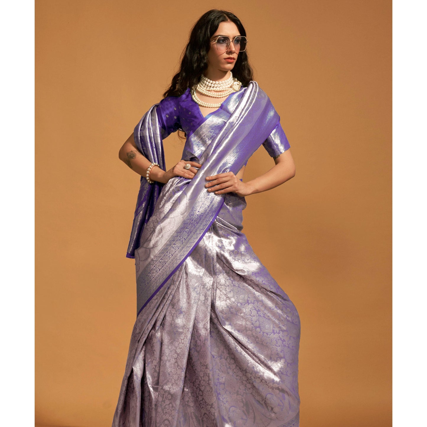 Purple Floral Woven Kanjivaram Silk Saree