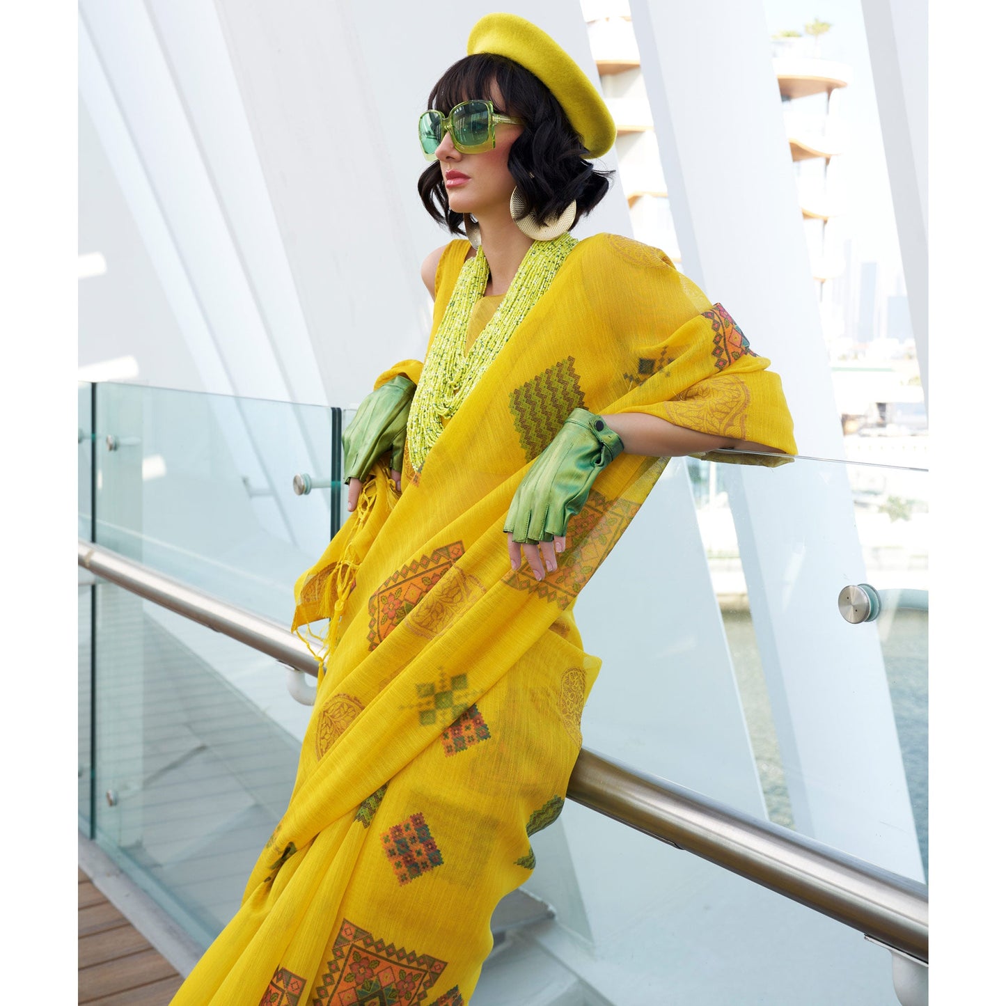 Yellow Woven Art Silk Saree With Digital Print