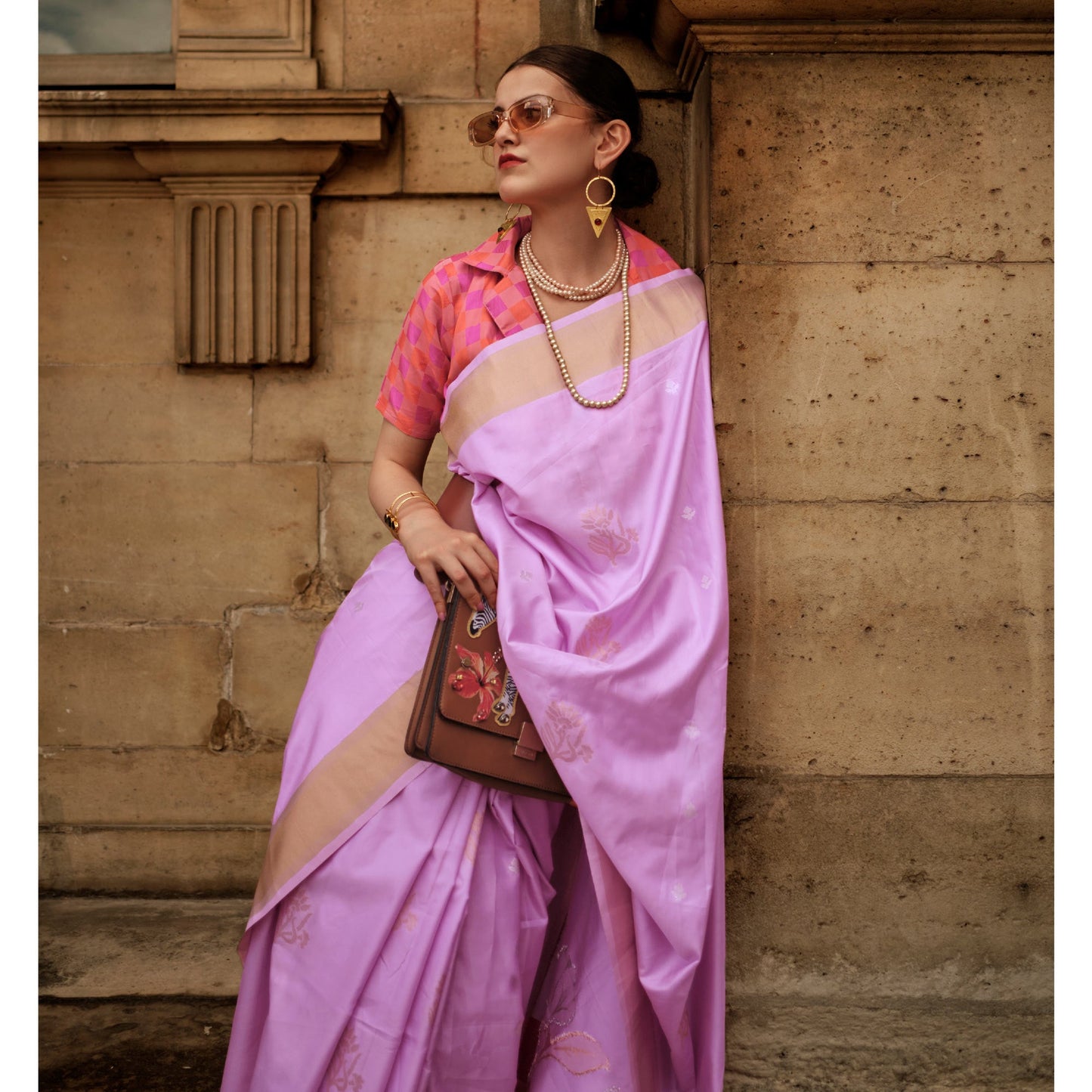 Lavender Floral Woven Art Silk Saree With Tassels