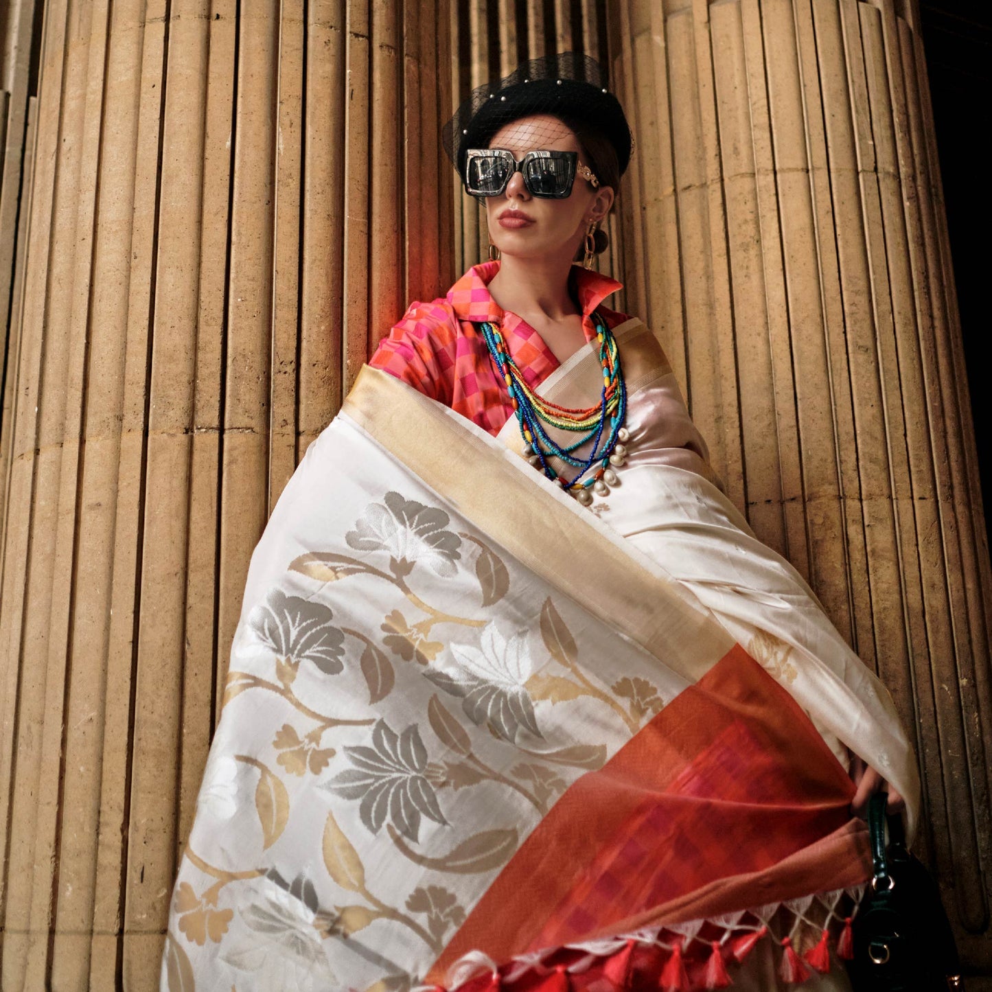 White Floral Woven Art Silk Saree With Tassels