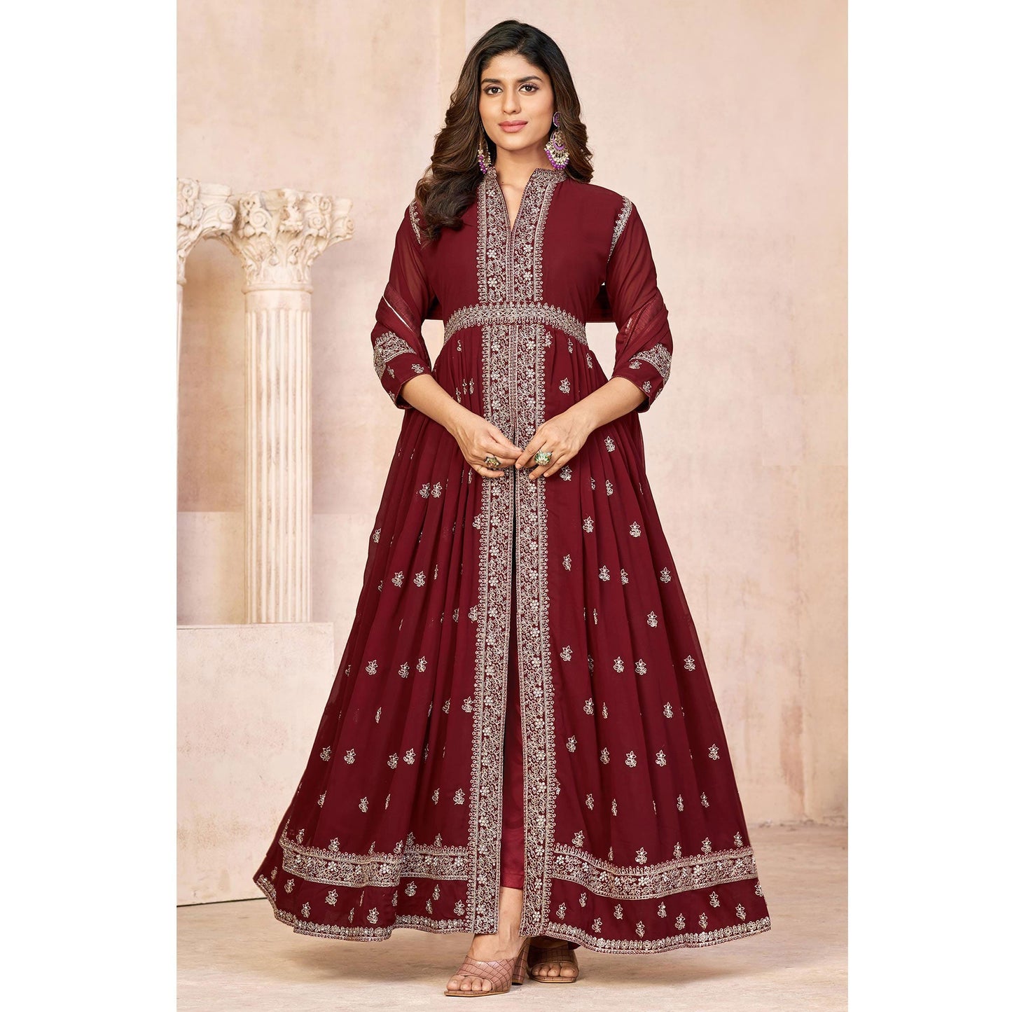 Maroon Floral Embroidered Front Slit Semi Stitched Georgette Anarkali Suit