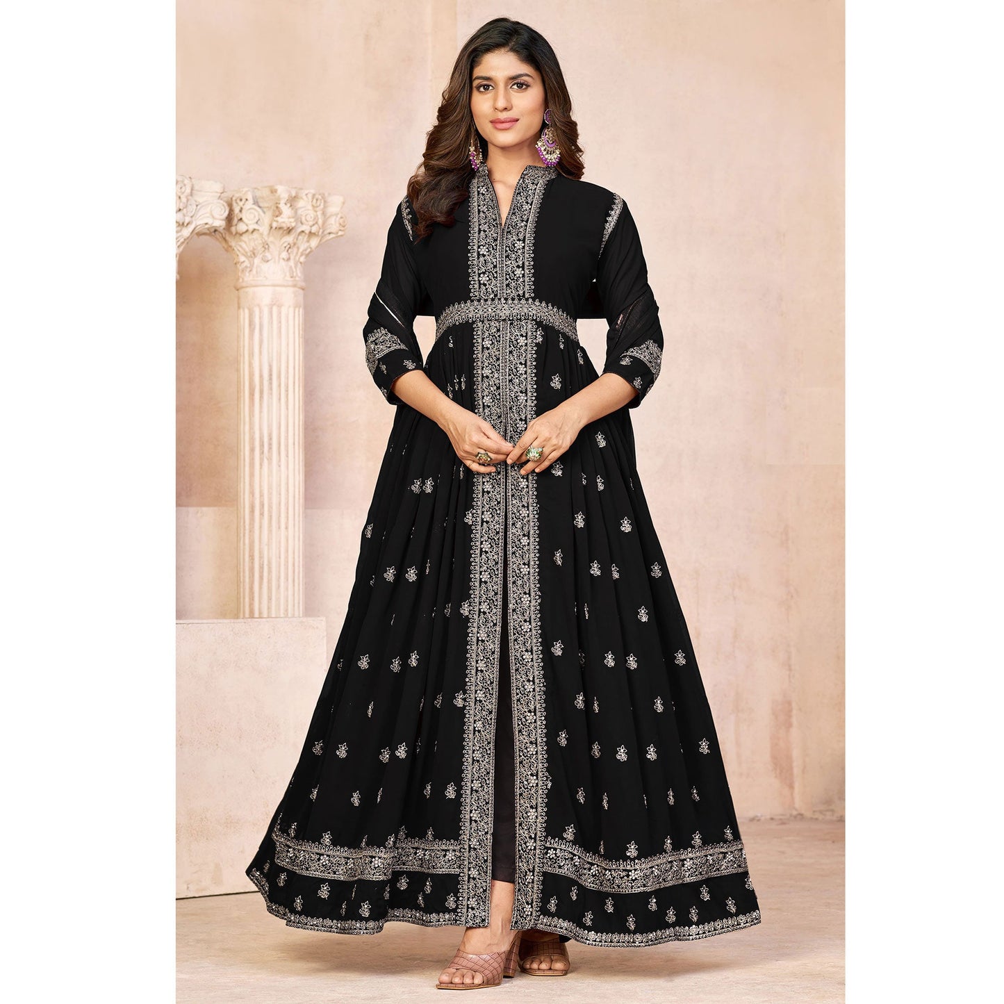 Black Floral Embroidered Front Slit Semi Stitched Georgette Anarkali Suit