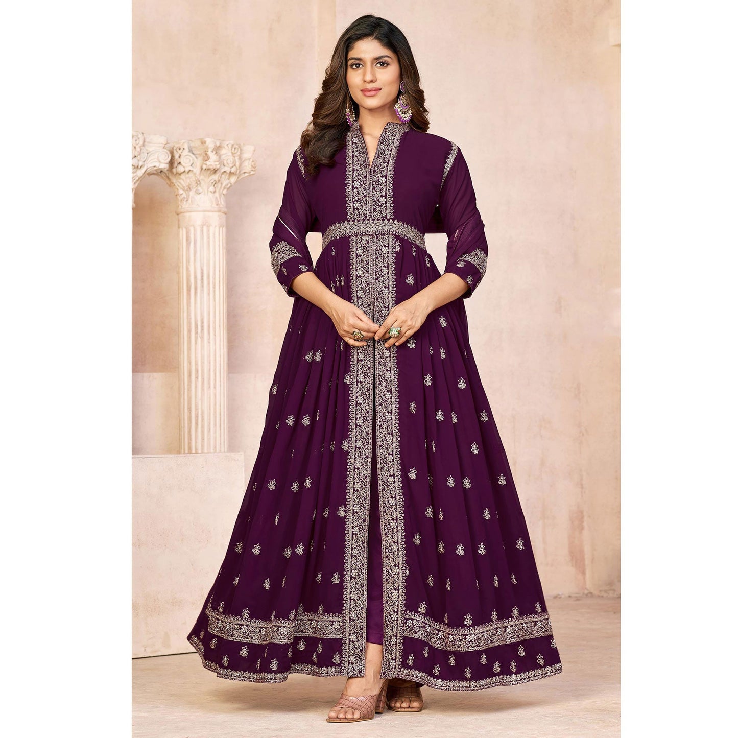 Purple Floral Embroidered Front Slit Semi Stitched Georgette Anarkali Suit