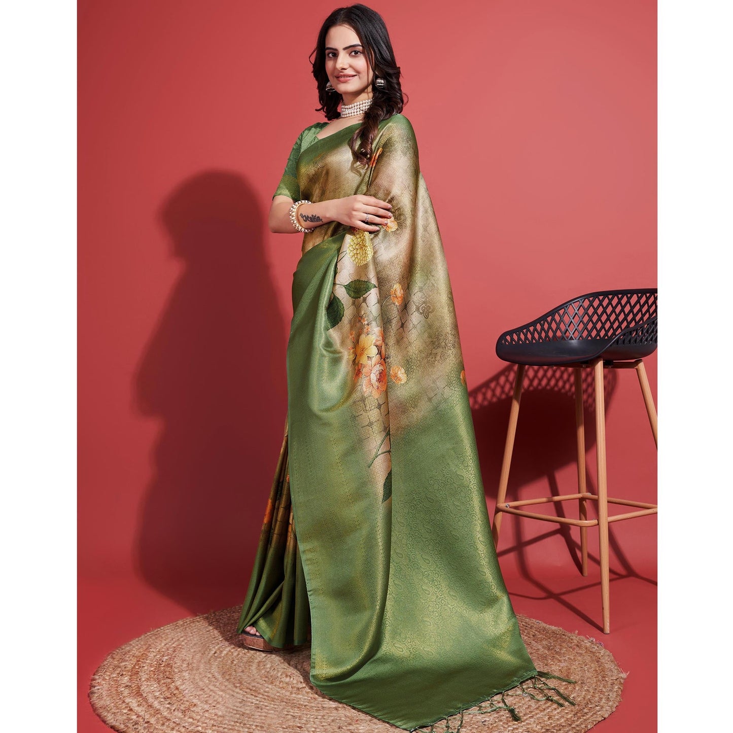 Olive Green Floral Digital Printed With Woven Banarasi Silk Saree