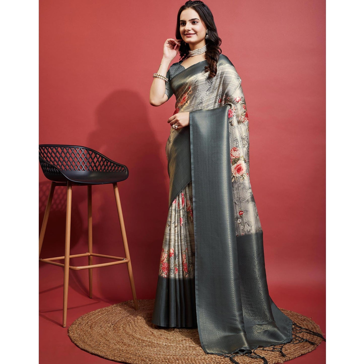 Grey Floral Digital Printed With Woven Banarasi Silk Saree