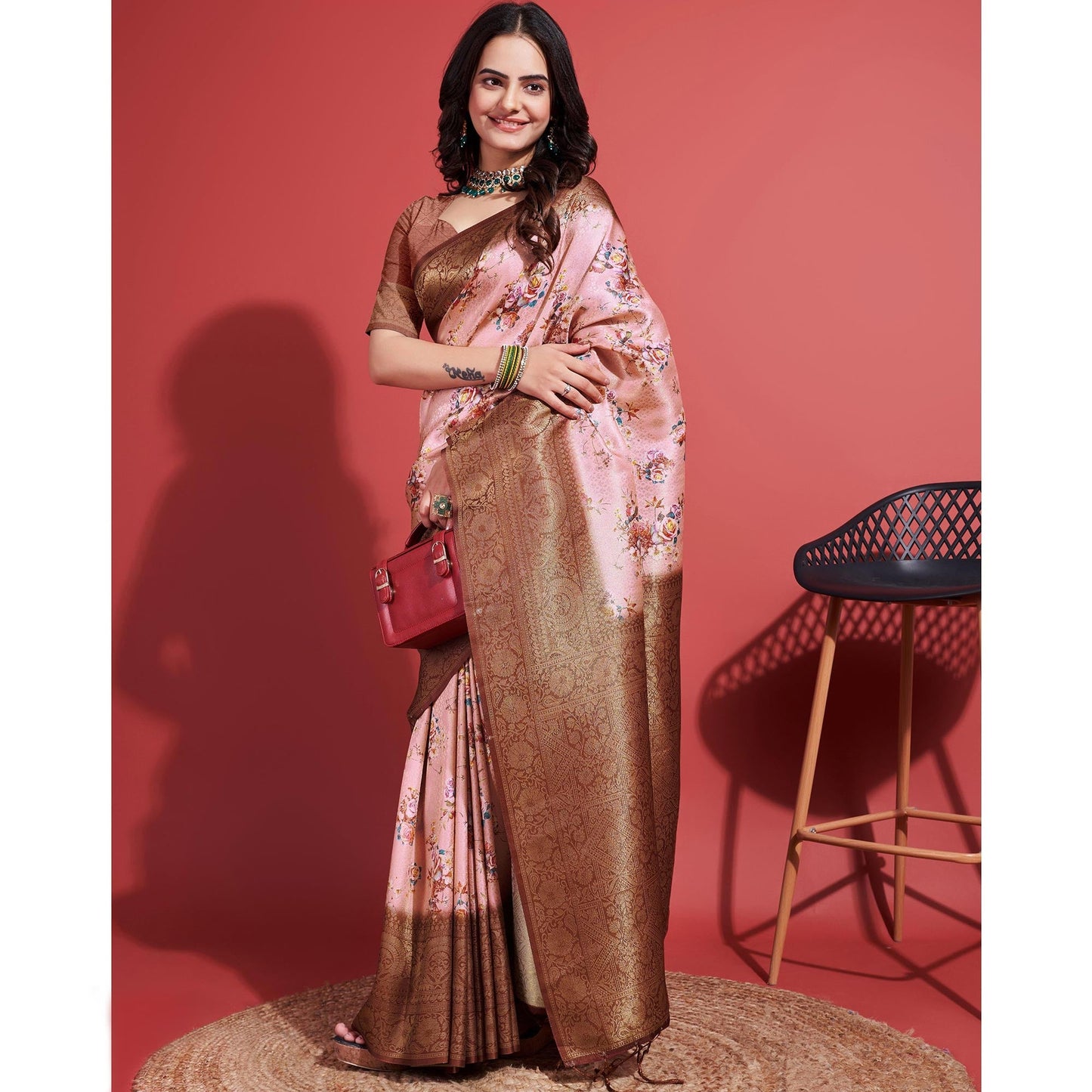 Brown & Peach Floral Digital Printed With Woven Banarasi Silk Saree