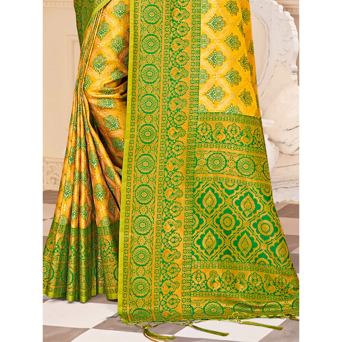 Yellow Floral Woven Kanjivaram Silk Saree With Tassels