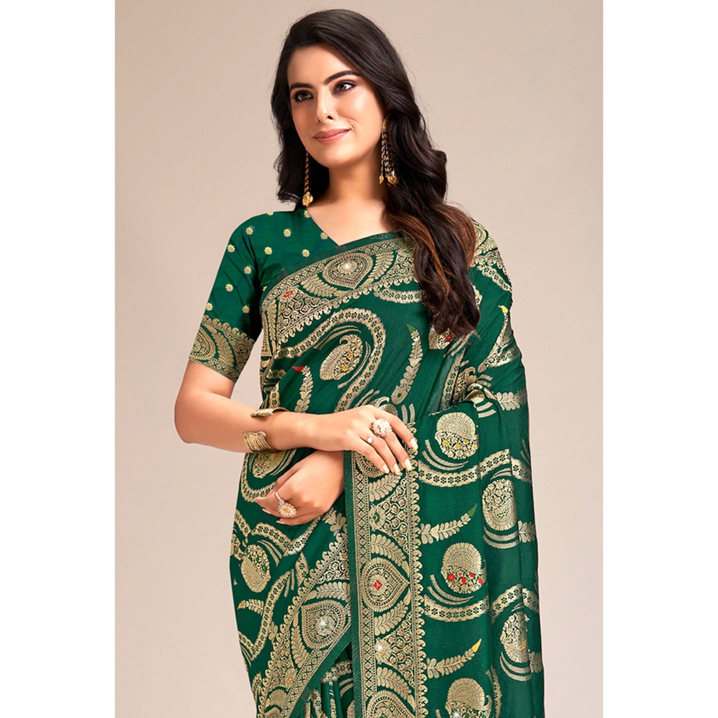 Dark Green Woven Banarasi Silk Saree With Tassels