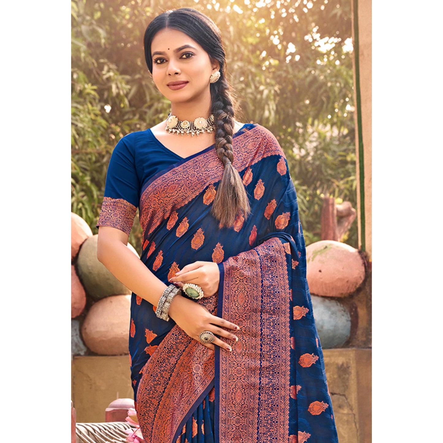 Blue Floral Woven Banarasi Silk Saree With Tassels