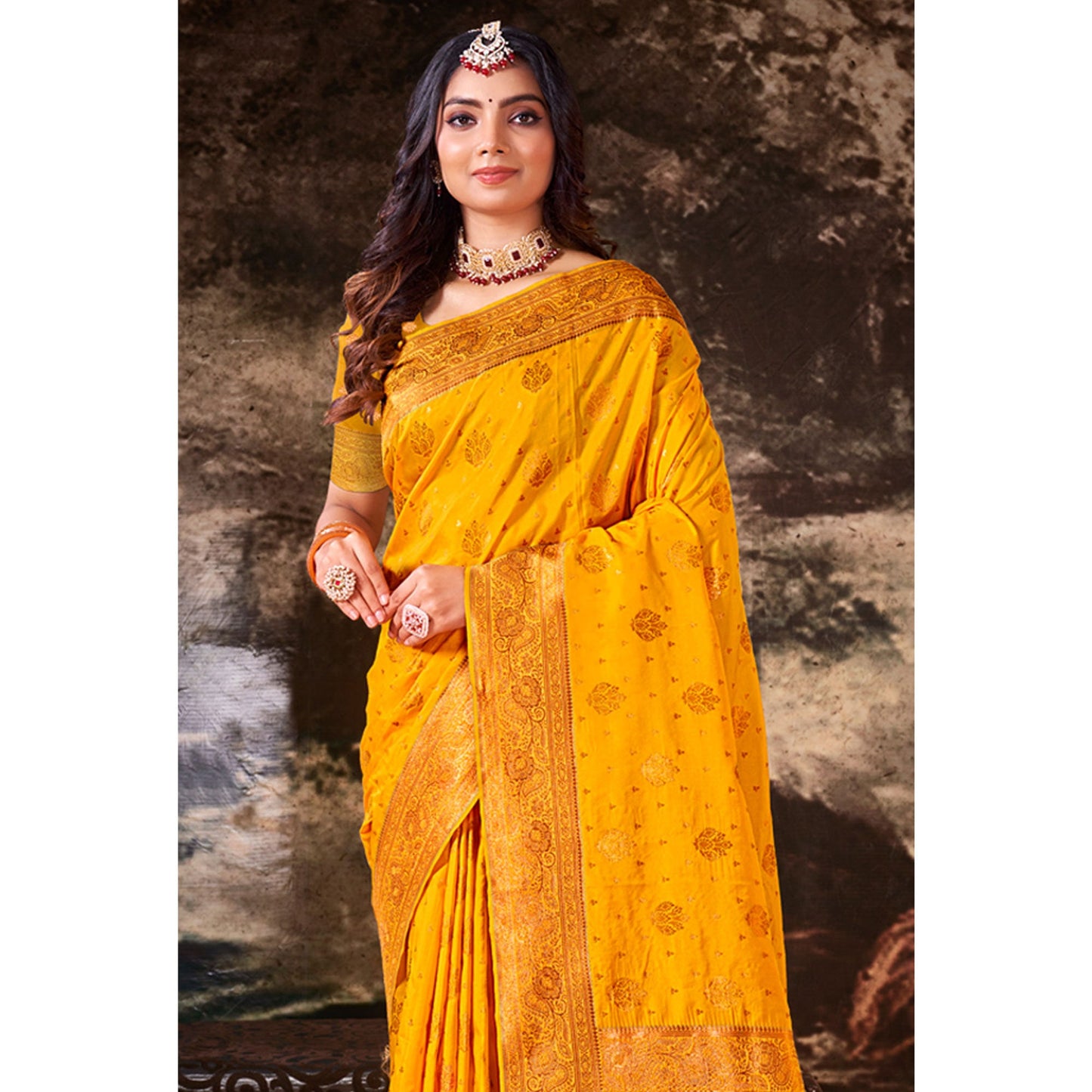 Mustard Floral Woven Banarasi Silk Saree With Tassels