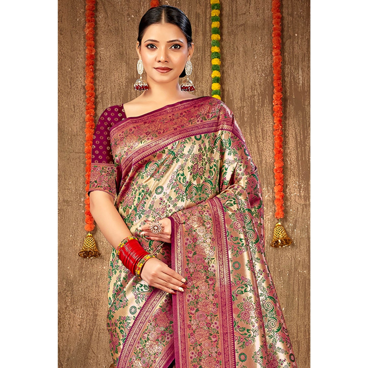 Purple Floral Woven Banarasi Silk Saree