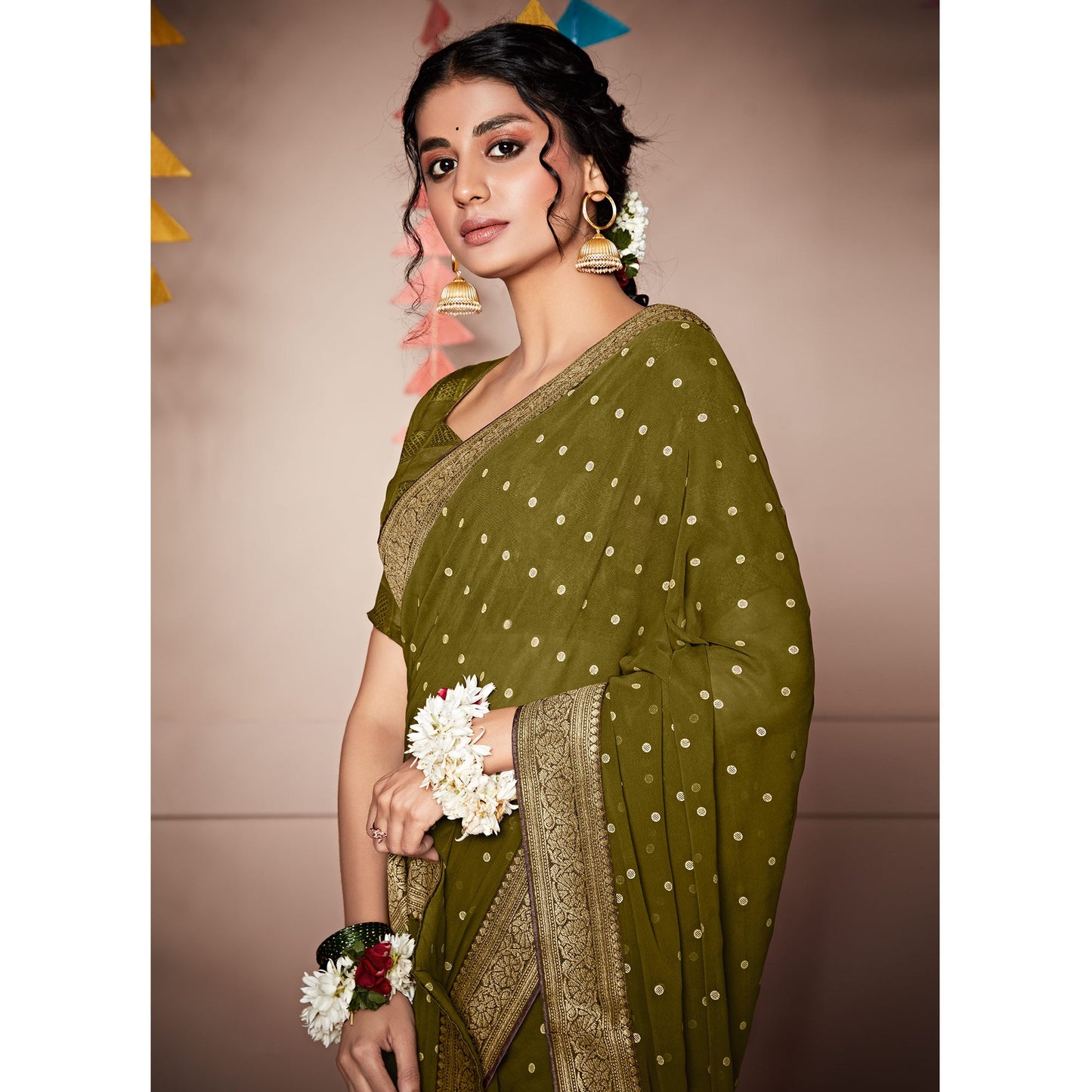 Mehendi Green Foil Printed With Woven Border Georgette Saree