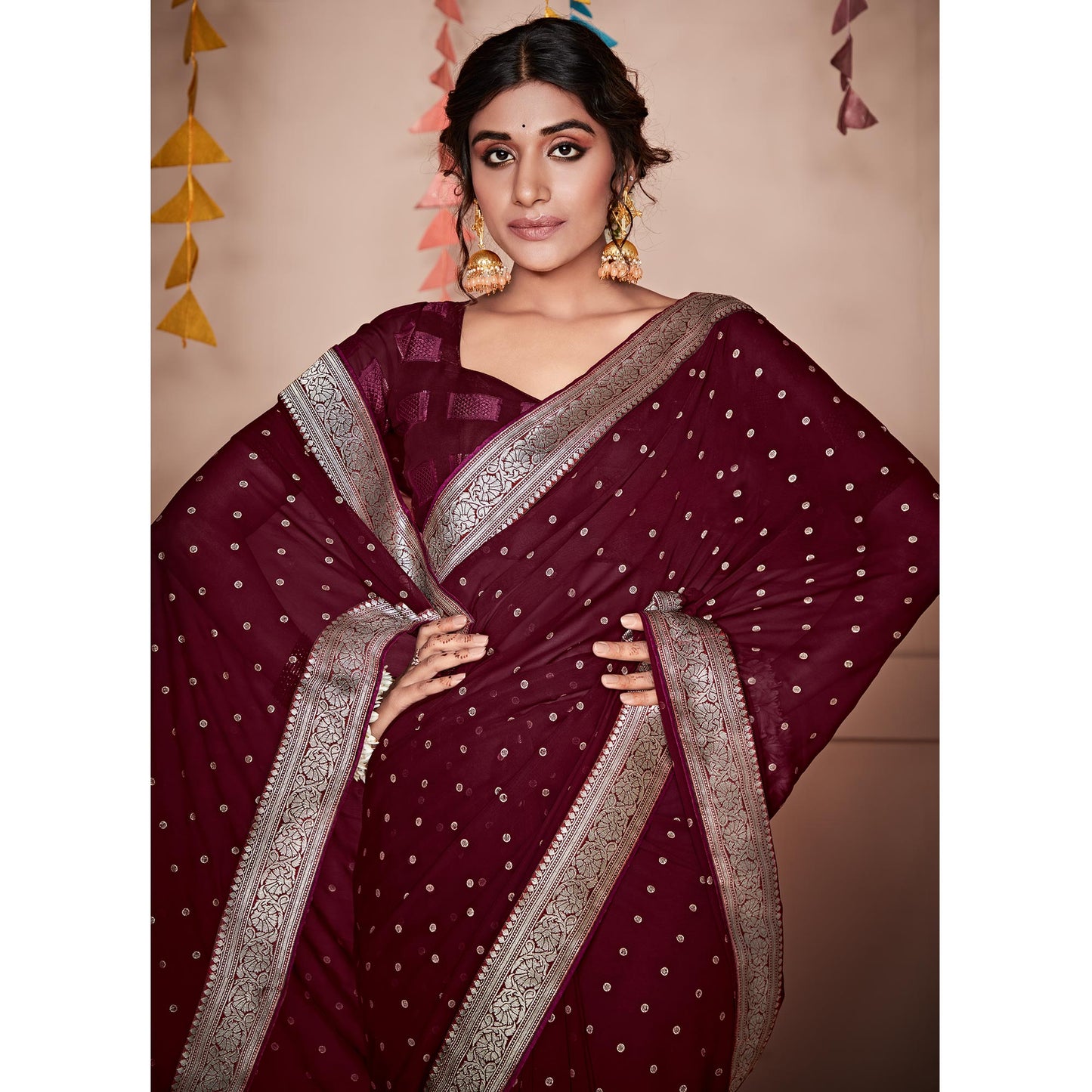 Maroon Foil Printed With Woven Border Georgette Saree