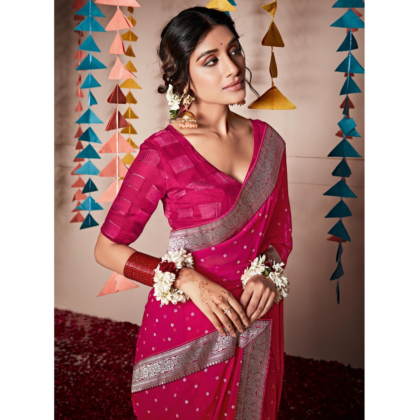 Pink Foil Printed With Woven Border Georgette Saree