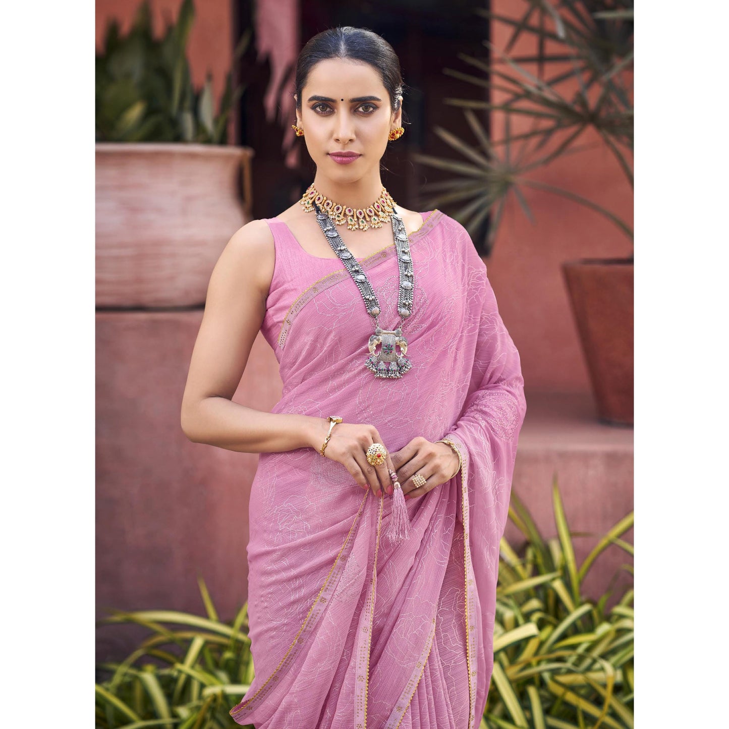 Pink Foil Printed With Swarovski Work Chiffon Saree