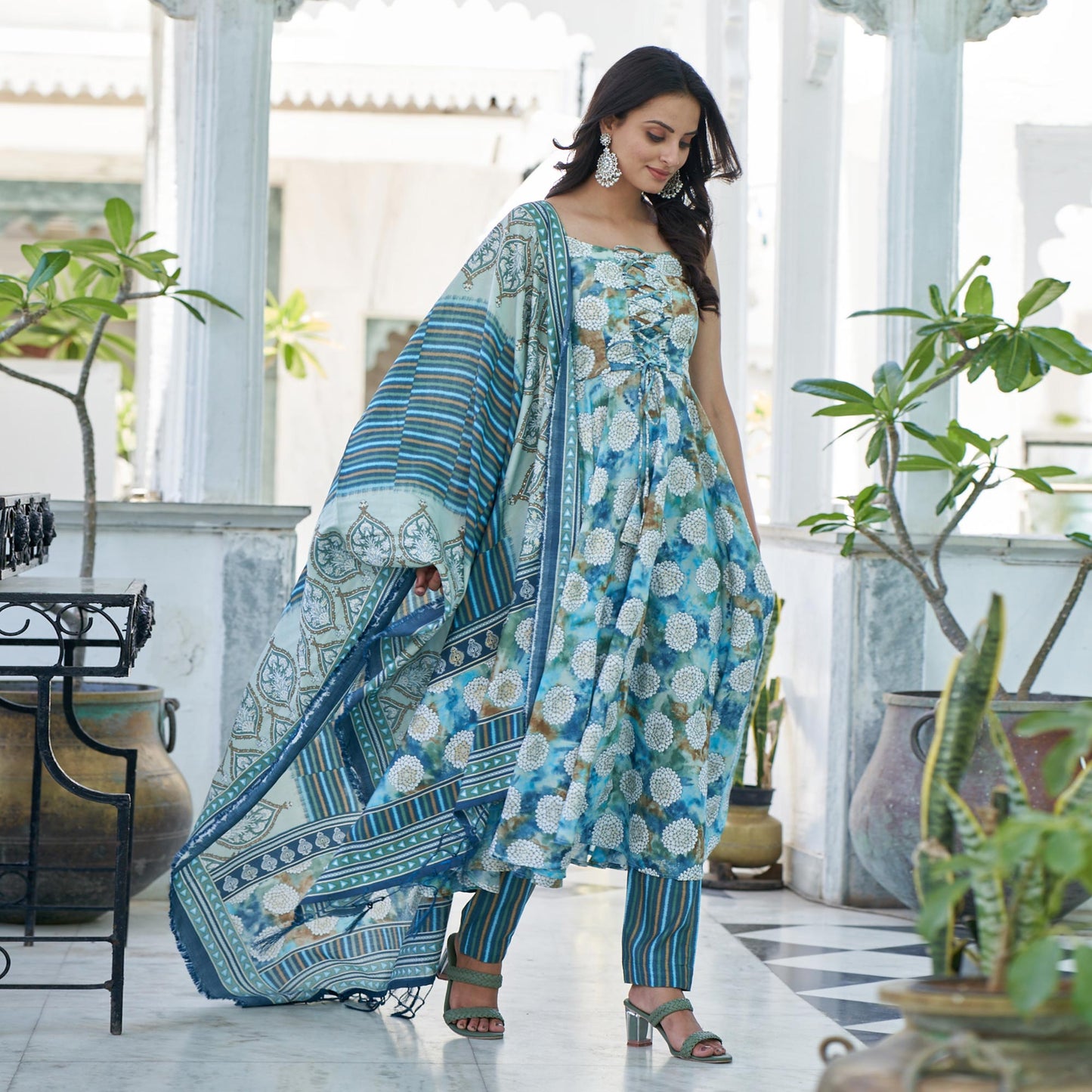 Blue Printed Anarkali Style Chanderi Suit