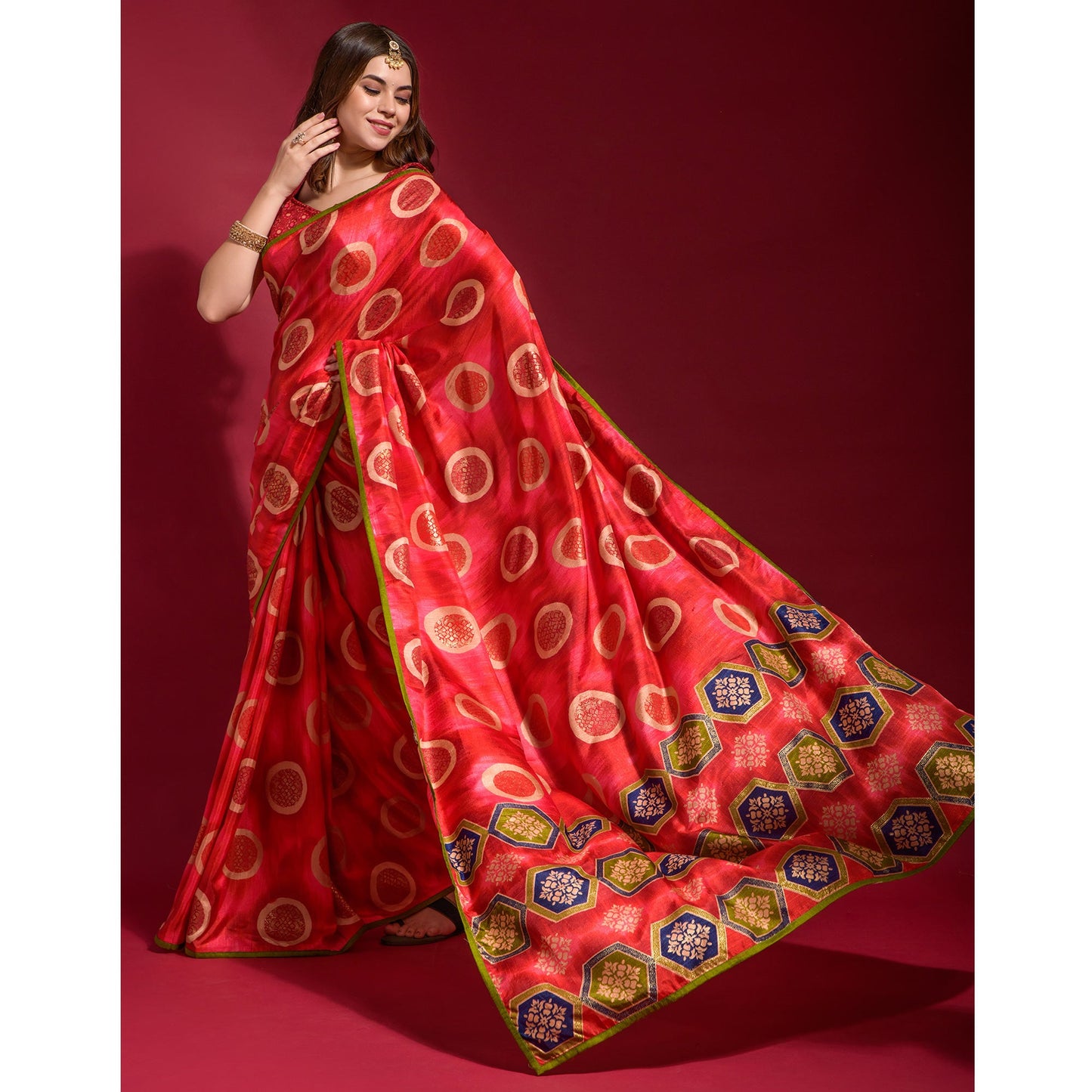 Red Foil Printed Art Silk Saree