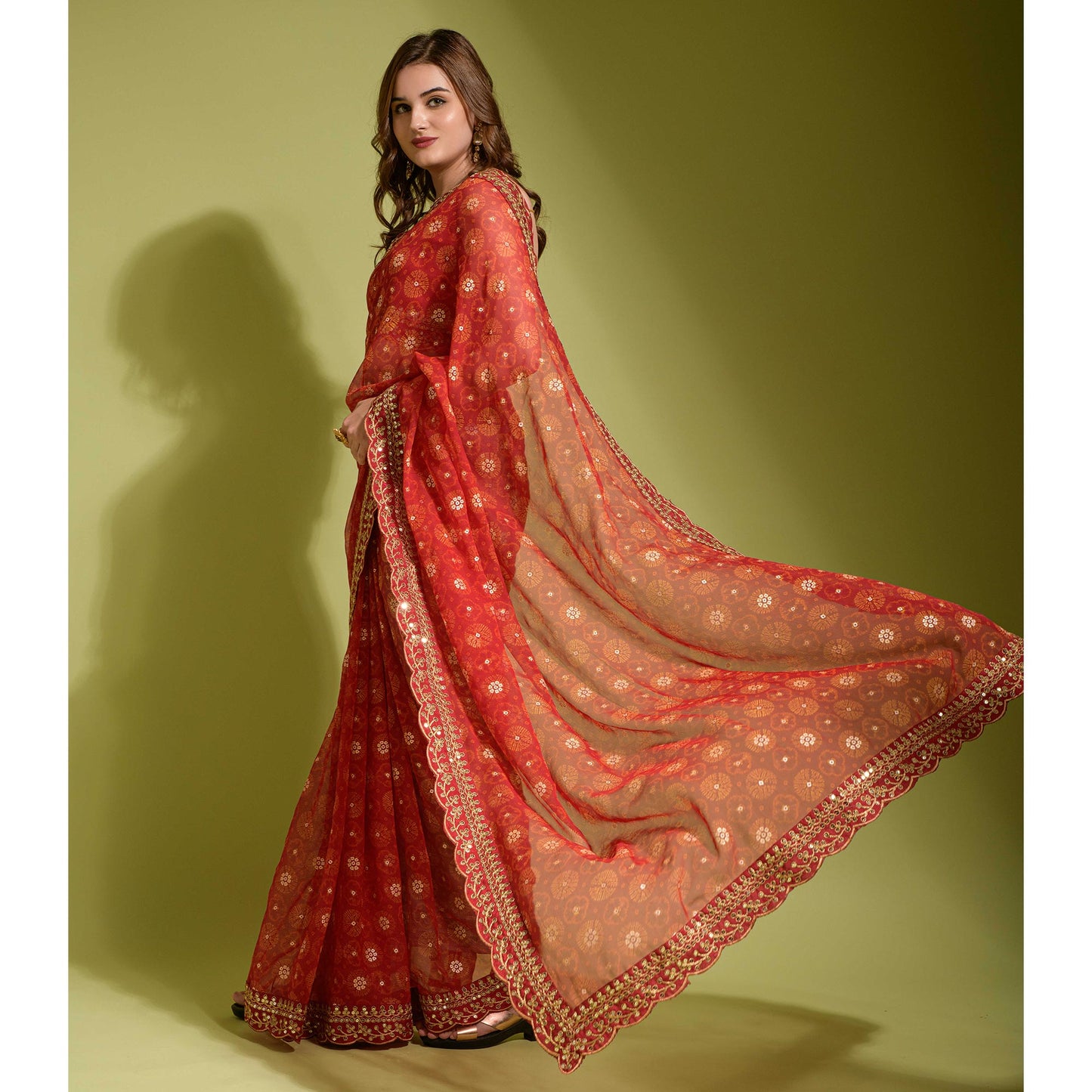 Red Bandhani Foil Printed Georgette Saree With Embroidered Border