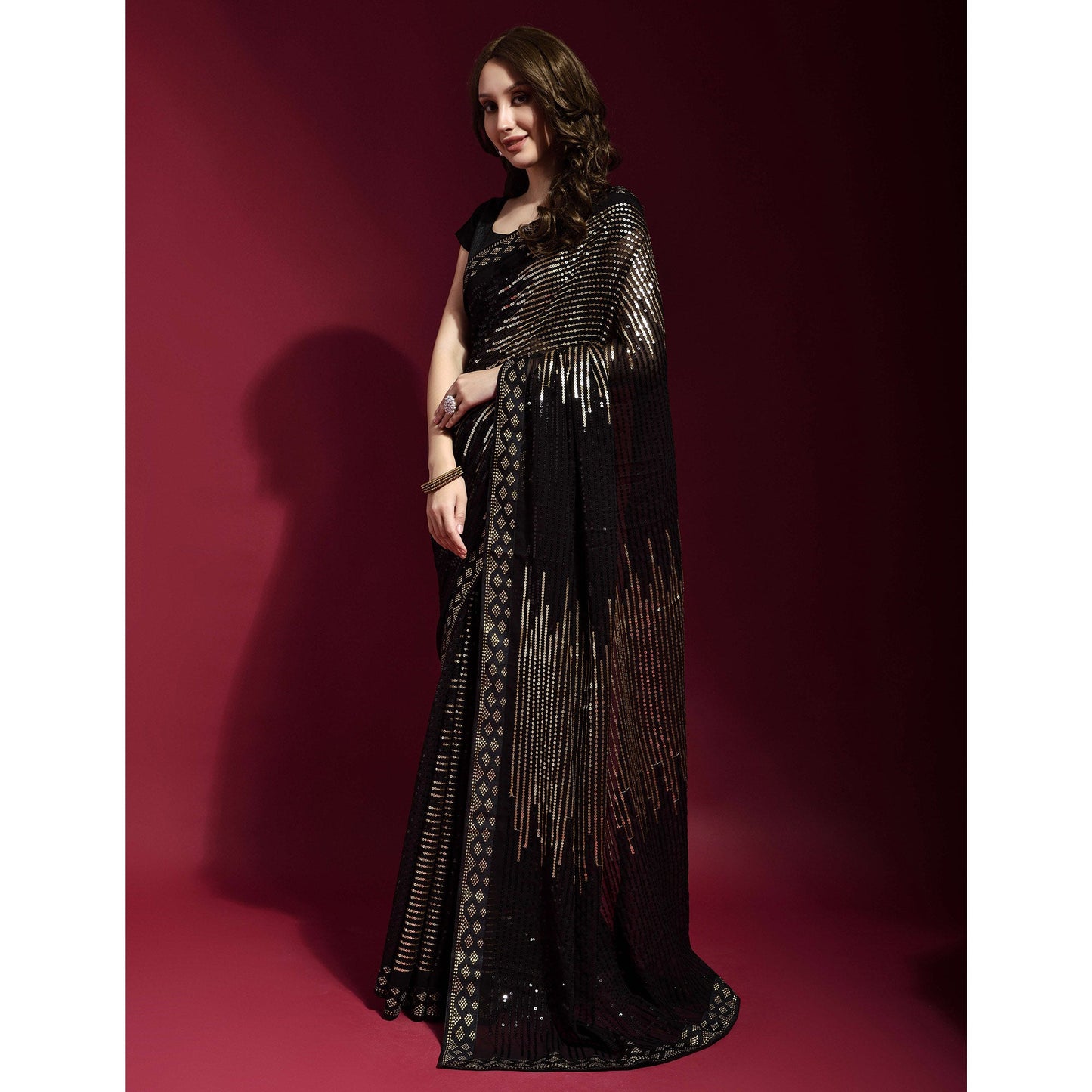 Black & Golden Sequins Embroidered Georgette Saree