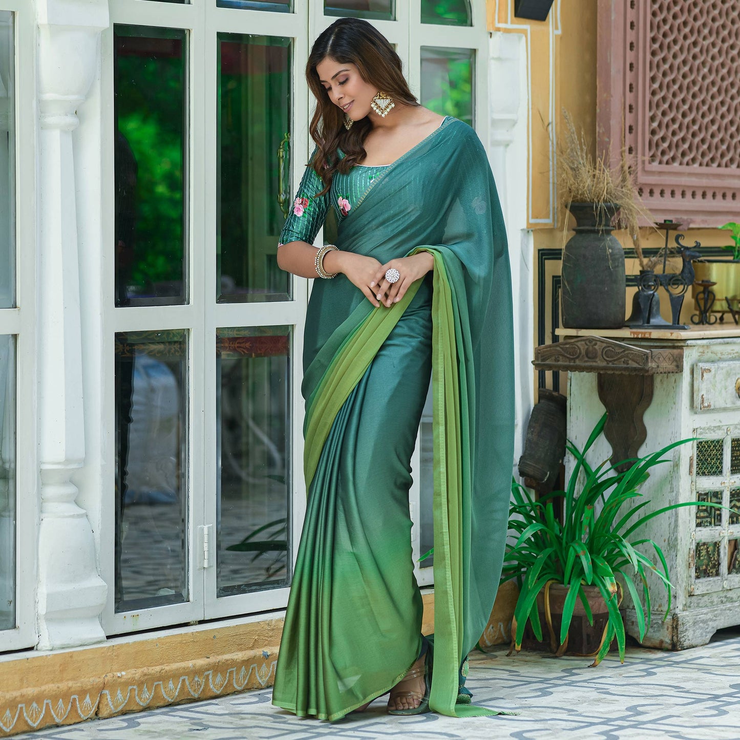 Green Solid Chiffon Saree With Tassels