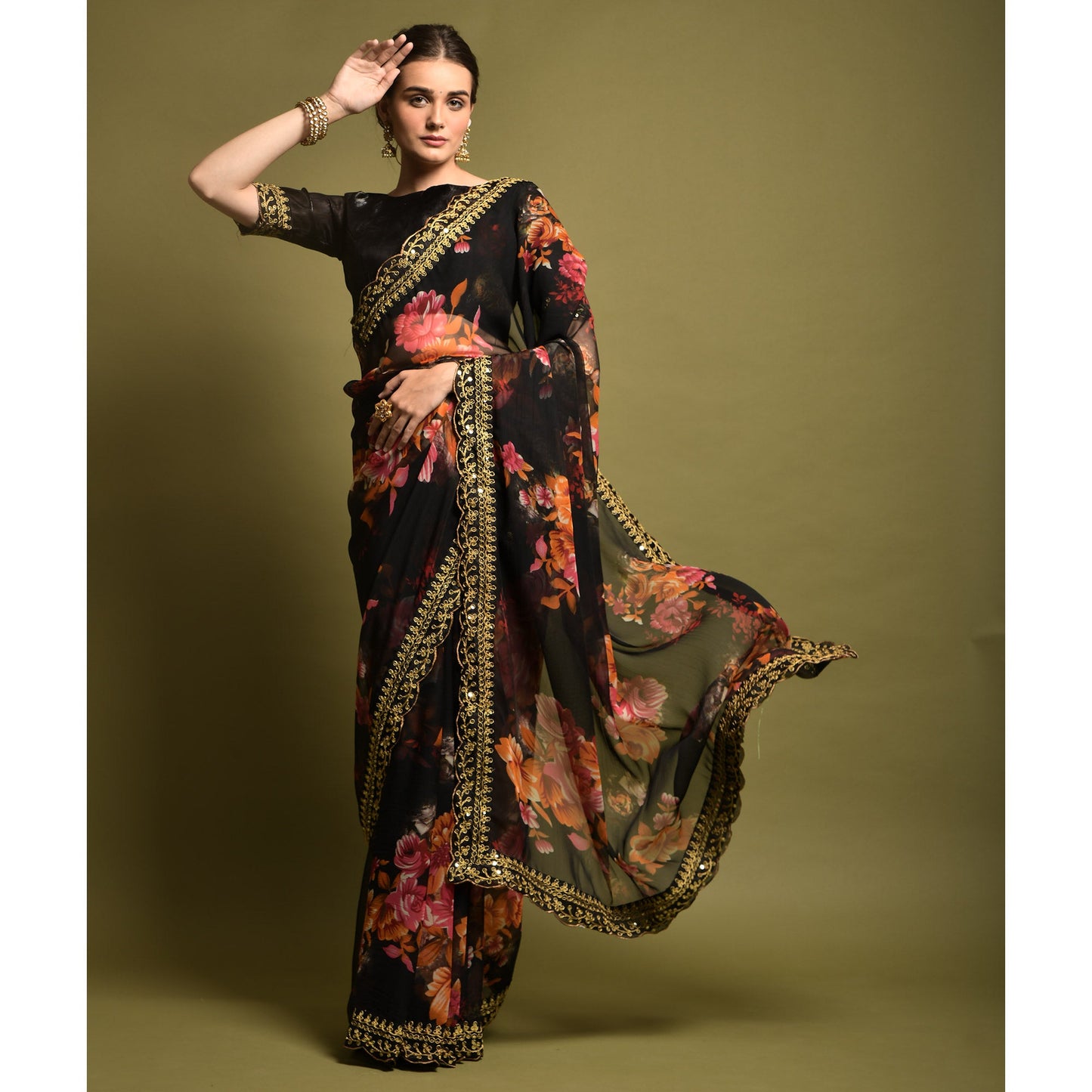 Black Floral Printed Georgette Saree With Embroidered Border