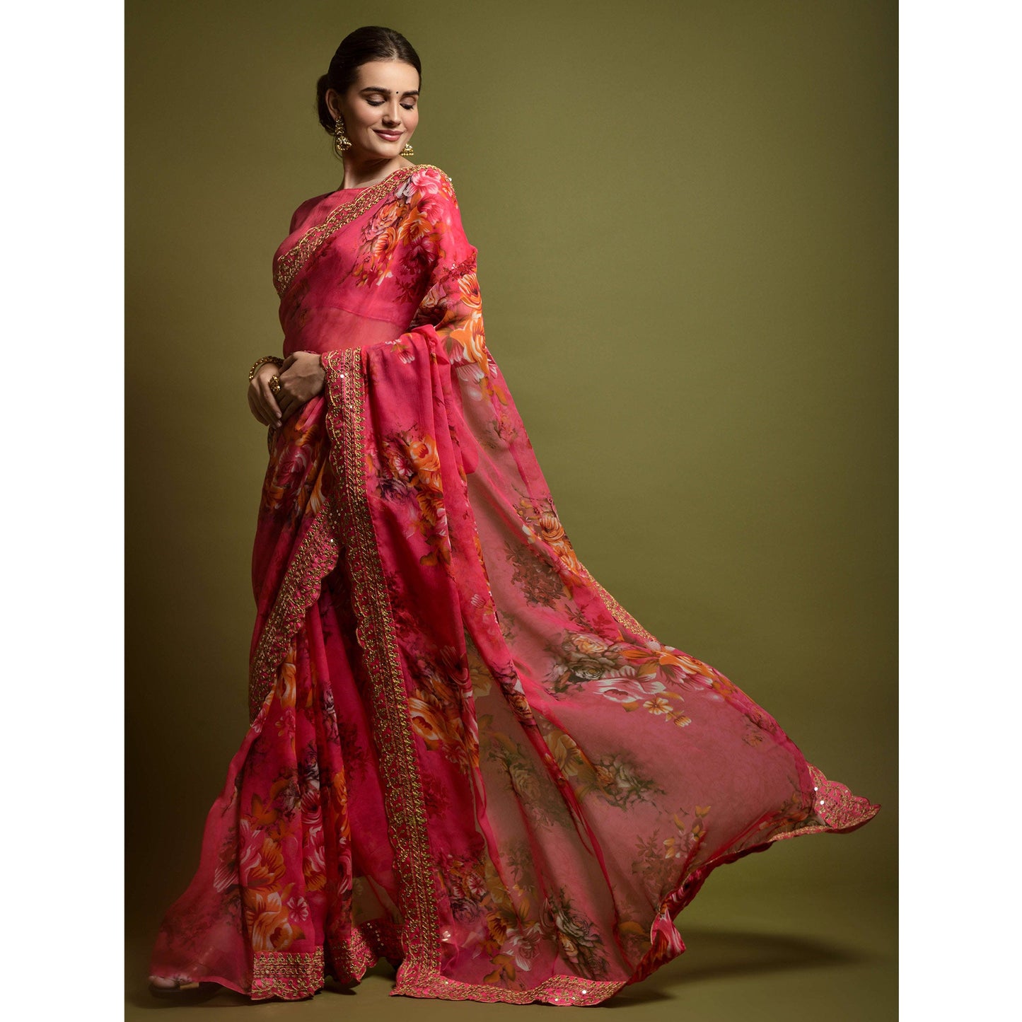 Pink Floral Printed Georgette Saree With Embroidered Border