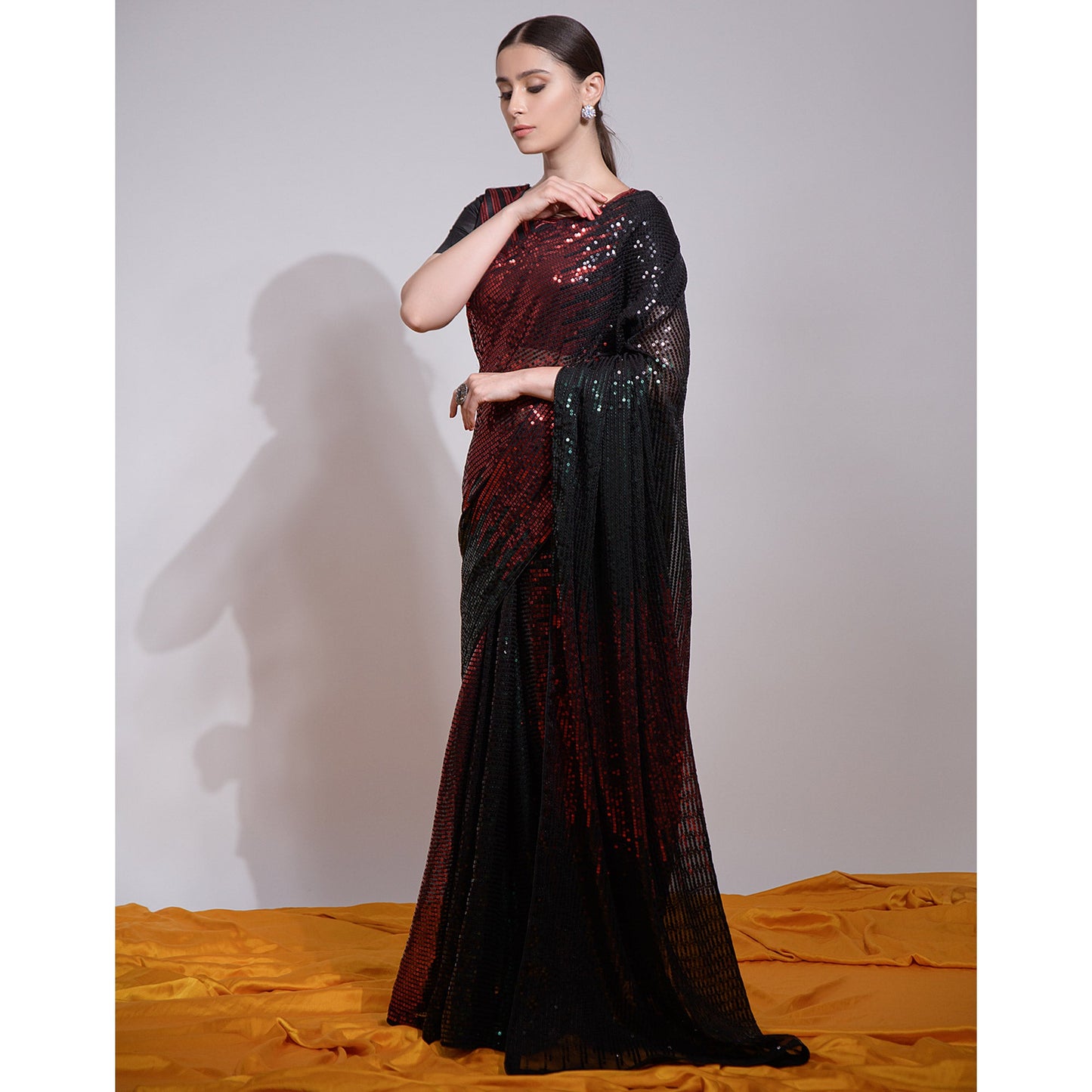 Black & Red Sequins Embroidered Georgette Saree