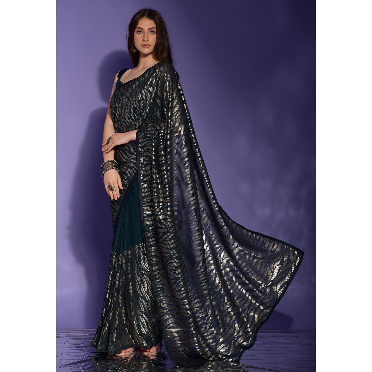 Morpich Sequins Embroidered Georgette Saree