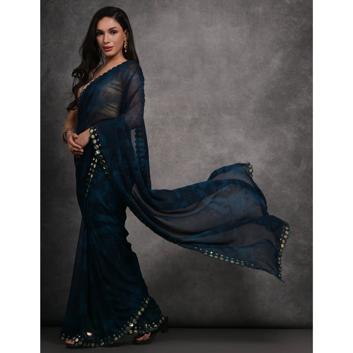 Blue Printed With Mirror Work Georgette Saree