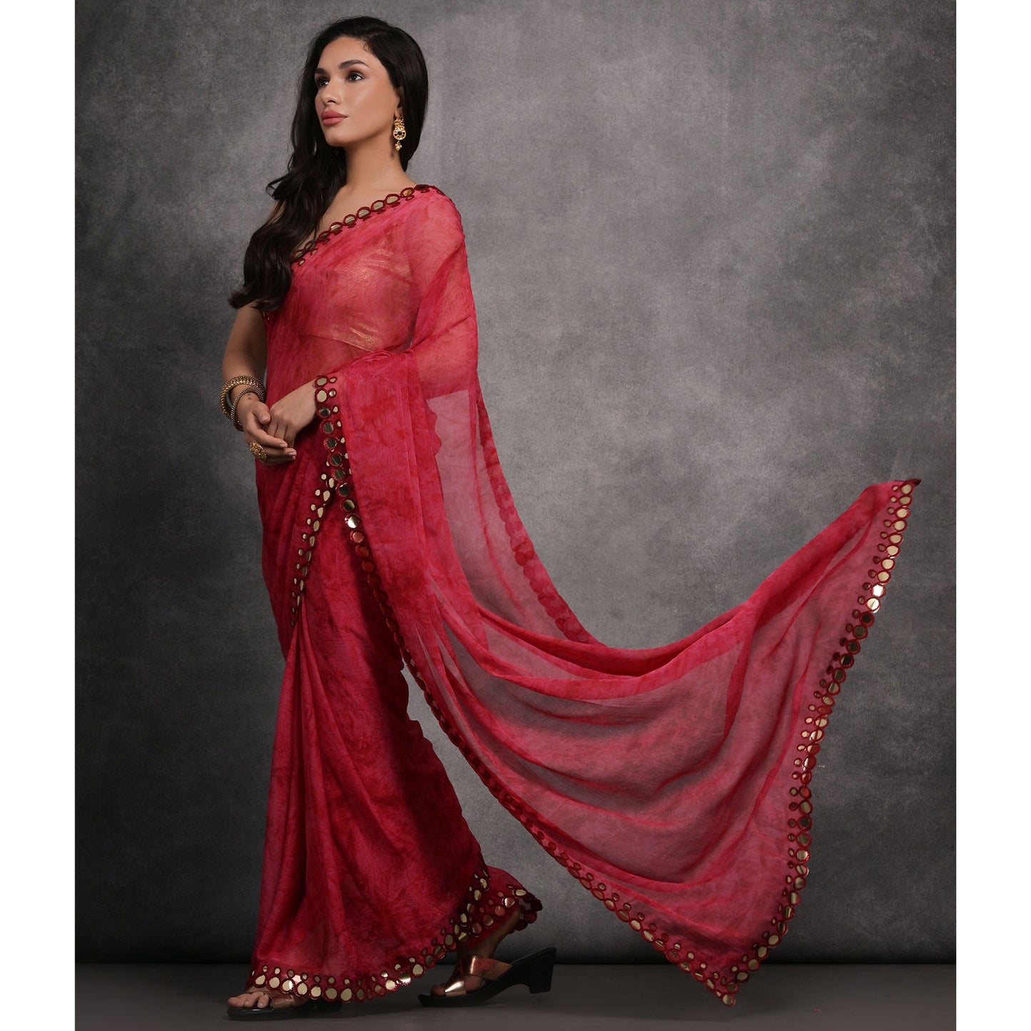 Maroon Printed With Mirror Work Georgette Saree