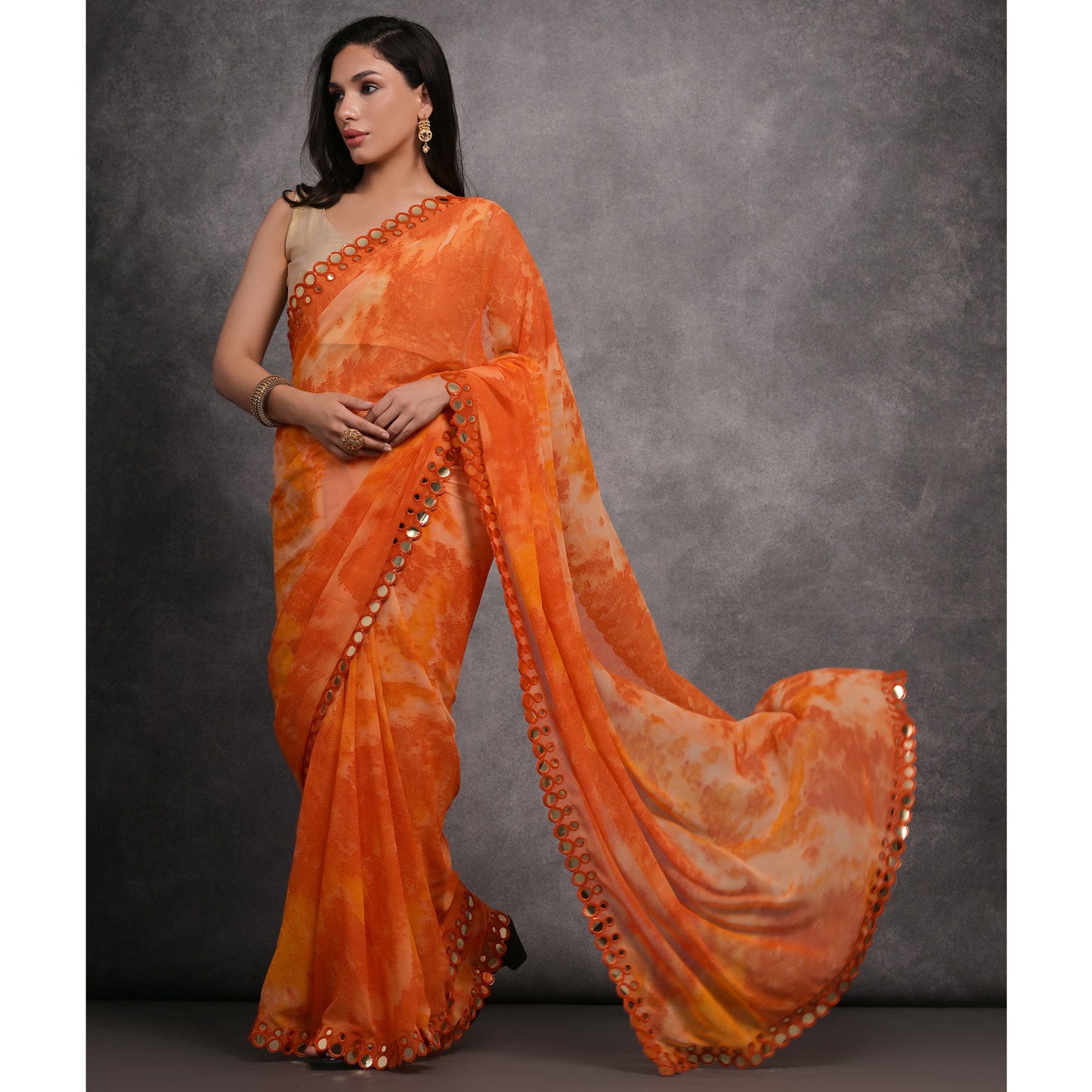 Orange Printed With Mirror Work Georgette Saree