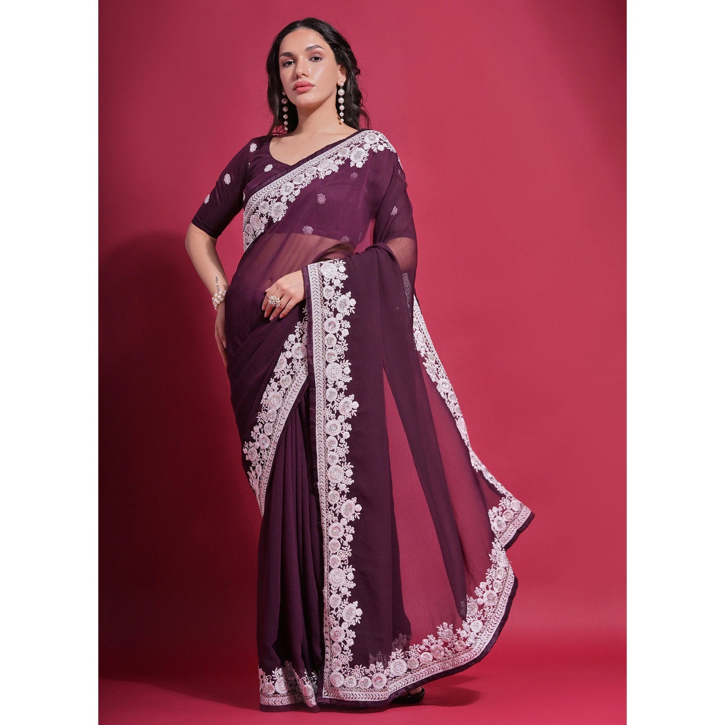 Wine Embroidered Georgette Saree