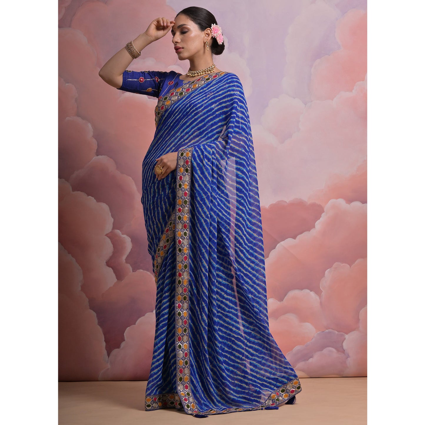 Blue Leheriya Printed With Embroidered Border Georgette Saree