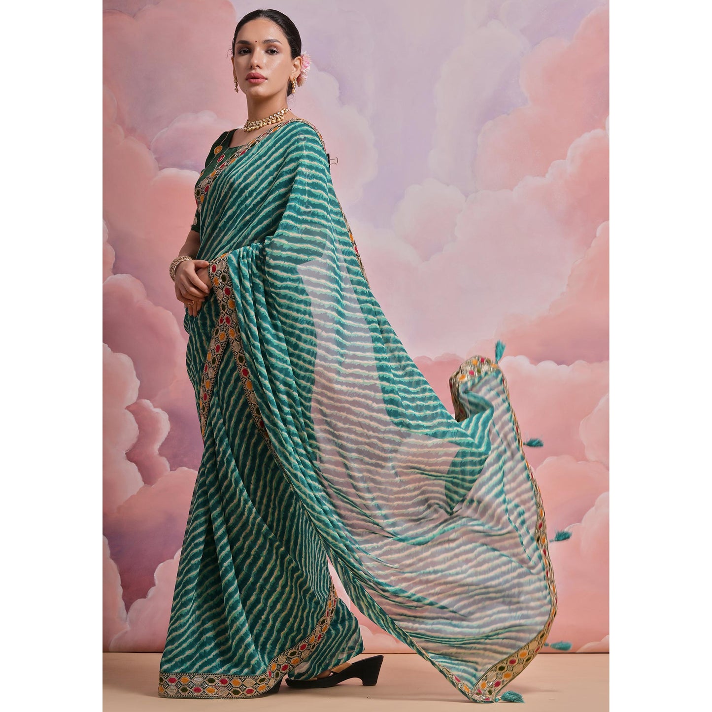 Green Leheriya Printed With Embroidered Border Georgette Saree