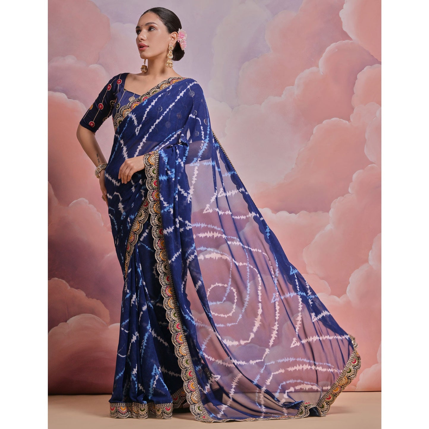 Blue  Printed With Embroidered Border Georgette Saree