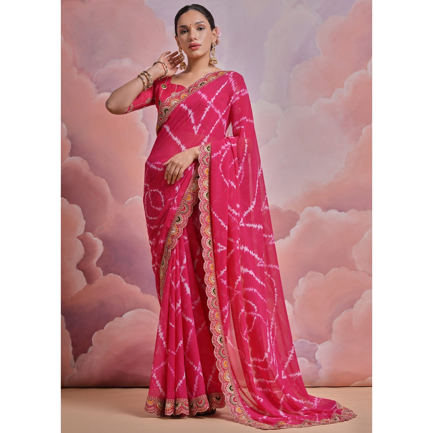 Pink  Printed With Embroidered Border Georgette Saree