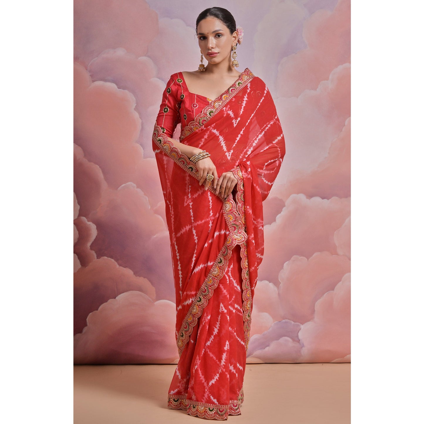 Red  Printed With Embroidered Border Georgette Saree