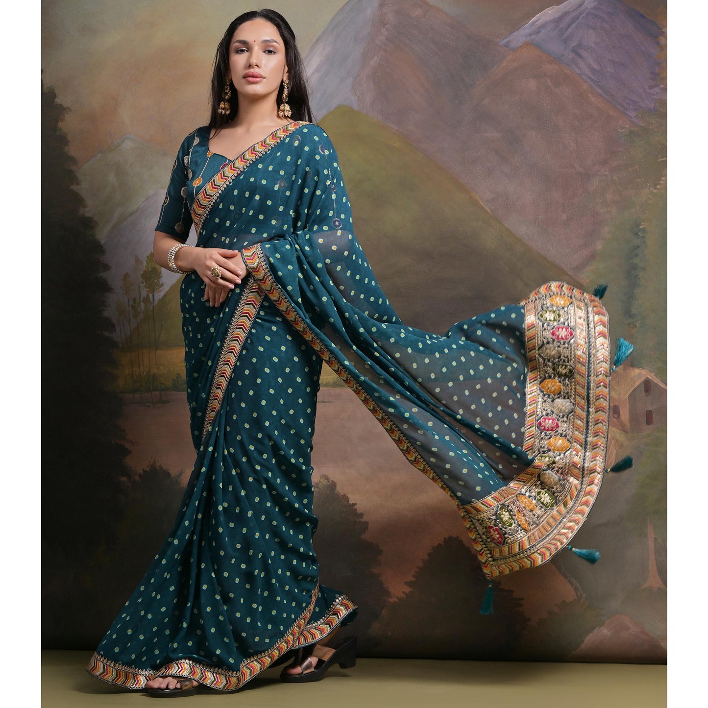 Teal Bandhej Printed Georgette Saree With Tassels