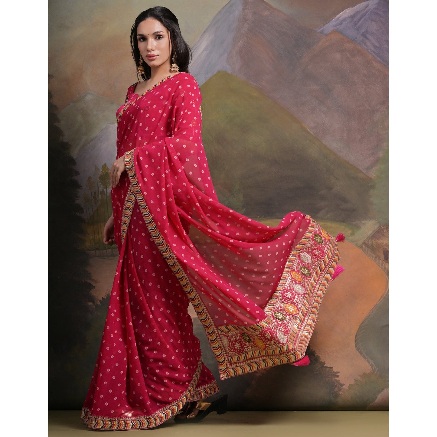 Pink Bandhej Printed Georgette Saree With Tassels