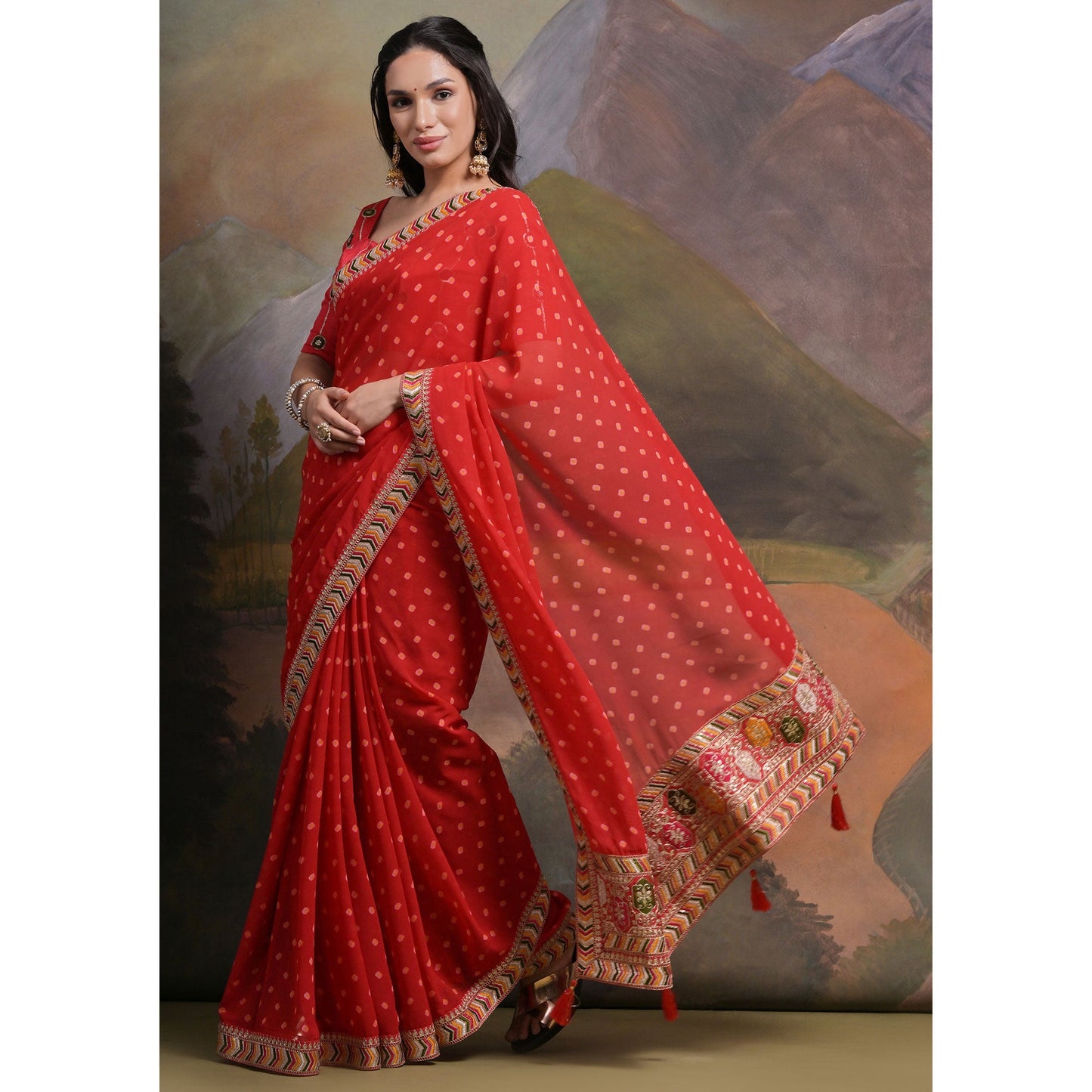 Red Bandhej Printed Georgette Saree With Tassels