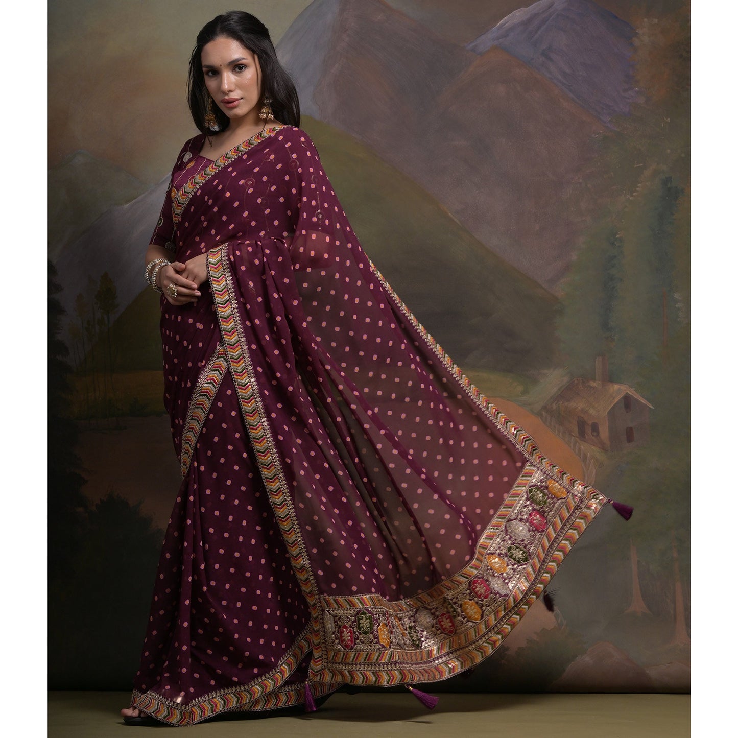 Wine Bandhej Printed Georgette Saree With Tassels