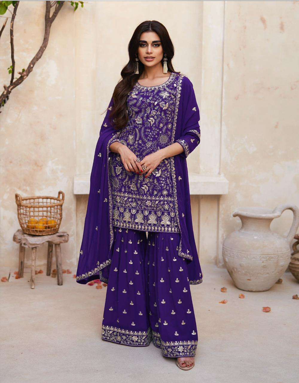 Graceful Purple Charm Pakistani Kurta Sharara Dupatta Set