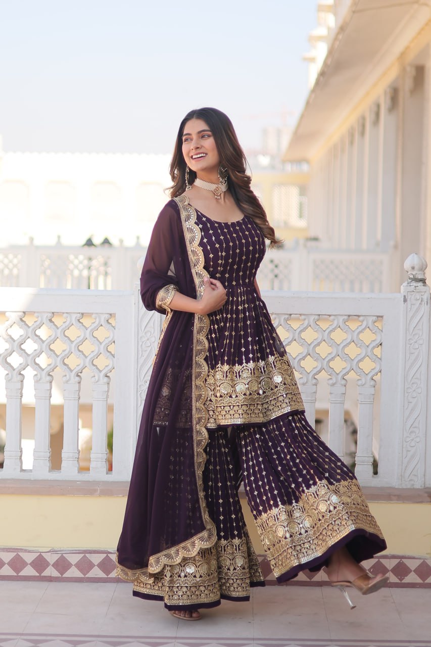 Regal Purple Elegance: Faux Georgette Kurti with Sequins & Thread Embroidery