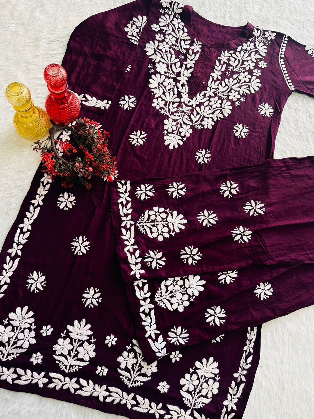 Wine 🌼 Lucknawi Chikankari Heavy Work Rayon Ensemble 🌼