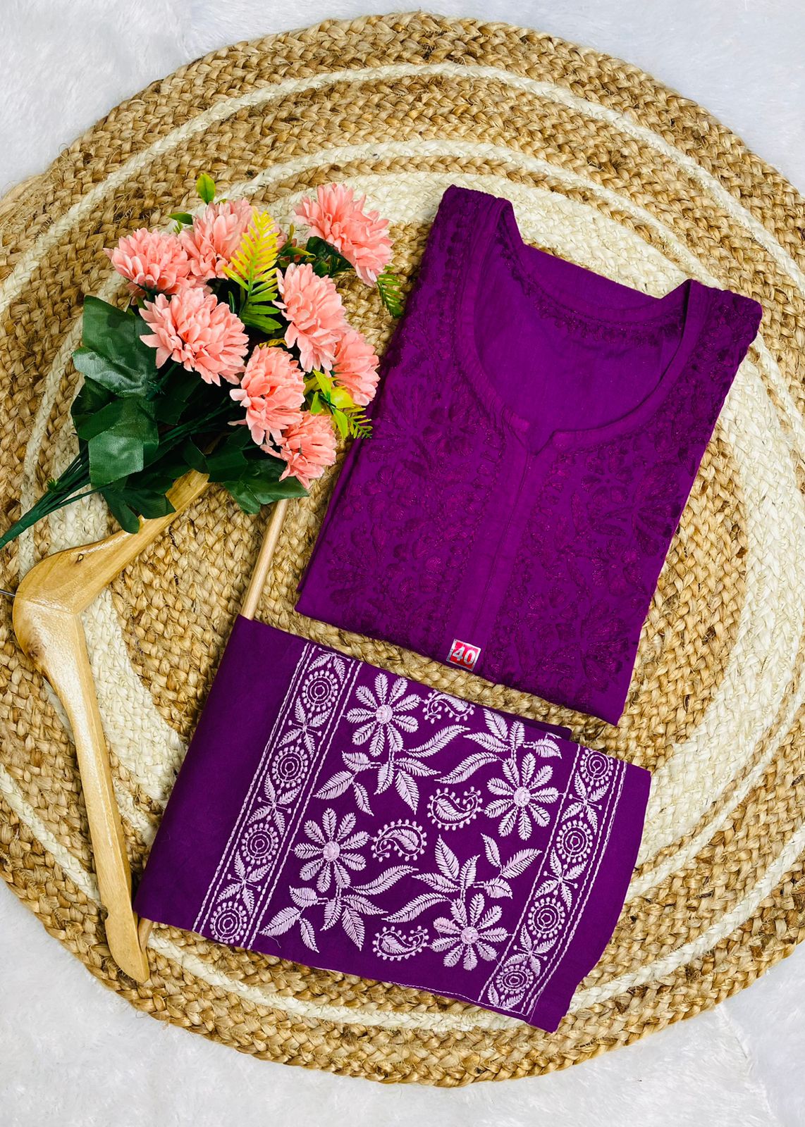 Wine Lucknowi Rose Elegance Chikankari Cotton Kurti & Coordinated Set ++ Sizes available