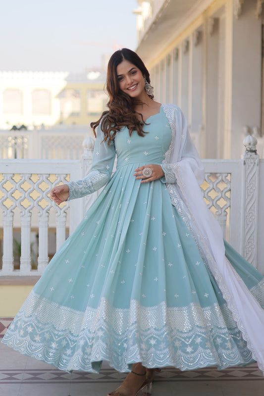 Serenade in Blue: Light Blue Faux Georgette Suit with Exquisite Thread and Sequins Embroidery