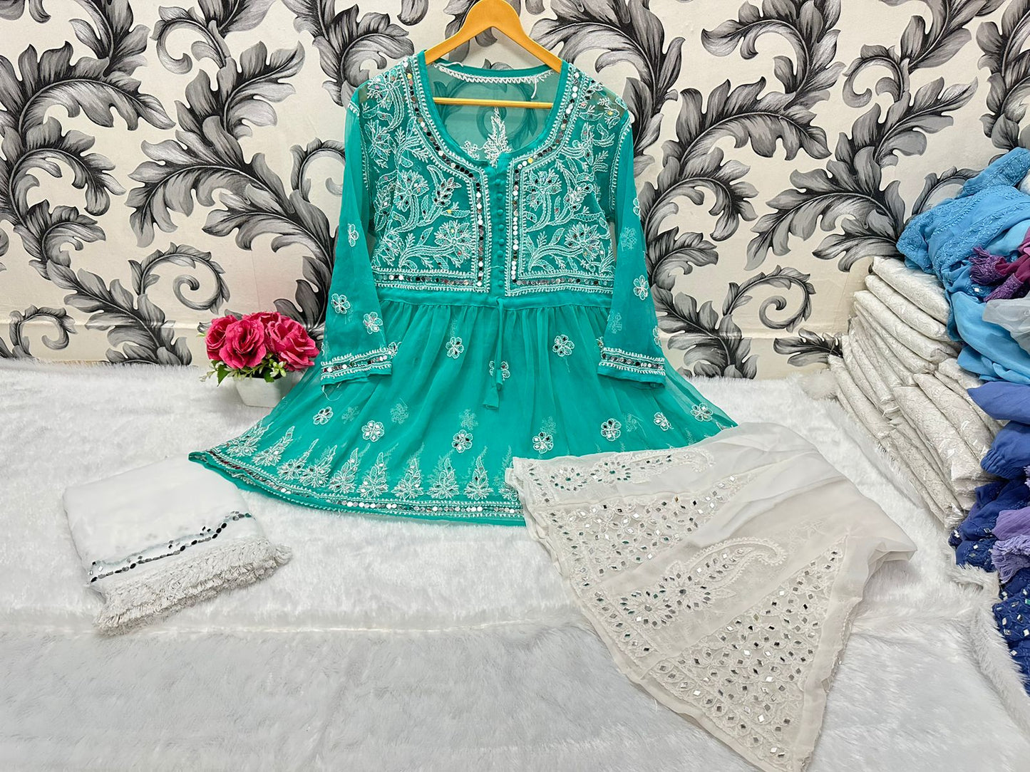 Aqua Blue Glimmering Georgette Mirror Work Short Gown, Dupatta, and Sharara Full Combo Set (INNER INCLUDED)