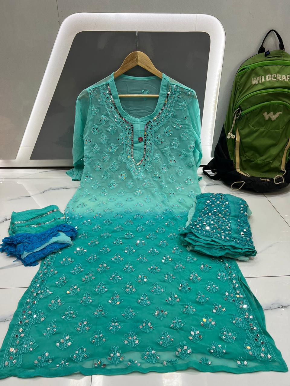 Dark Green Chikankari Elegance Ombré Mirror Booti Jaal Set - Kurti, Sharara & Dupatta -(Inner Included)